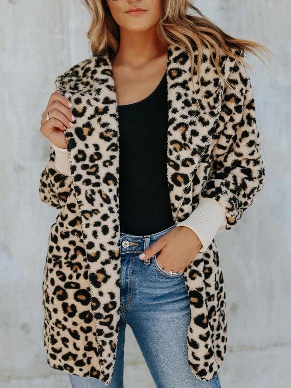Mayoulove Fashion leopard printed loose faux  lamelwool coat-Mayoulove