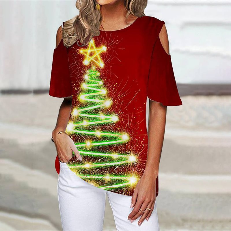 Shiny Star Christmas Tree Cutout Shoulder Sleeve Women's Casual T-shirt