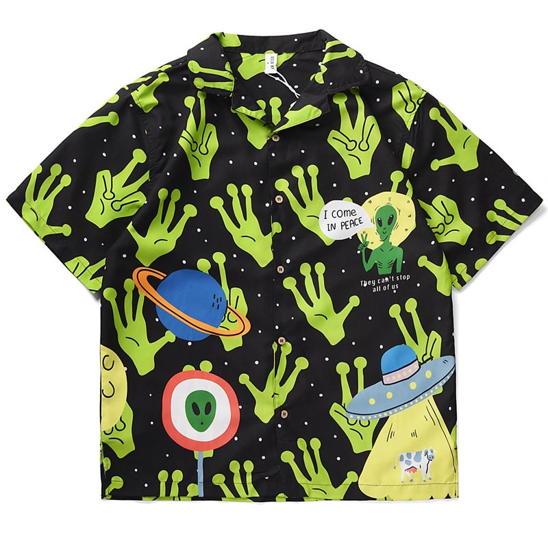 Green Alien Spaceship Printed Shirt / Techwear Club / Techwear