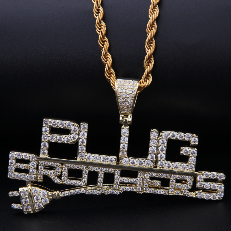 Punk Plug Brothers Letters Pendant Necklace Gold Plated Jewelry-VESSFUL