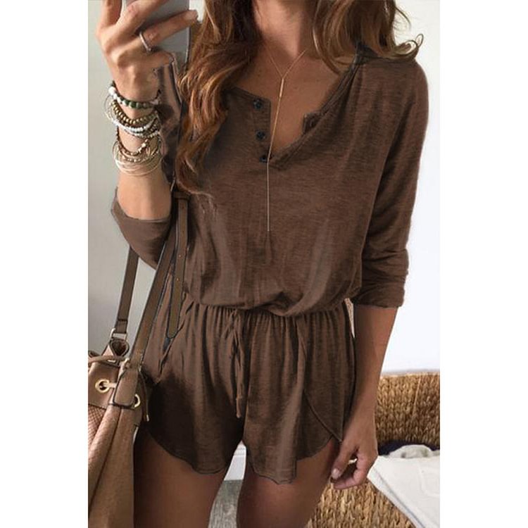 Women Long Sleeves Drawstring Solid Casual Rompers