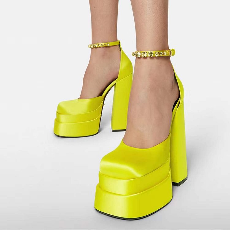 Womens Platform Dress Pumps Ankle Strap Chunky High Block Heels Silk Satin Square Toe Fashion Shoes