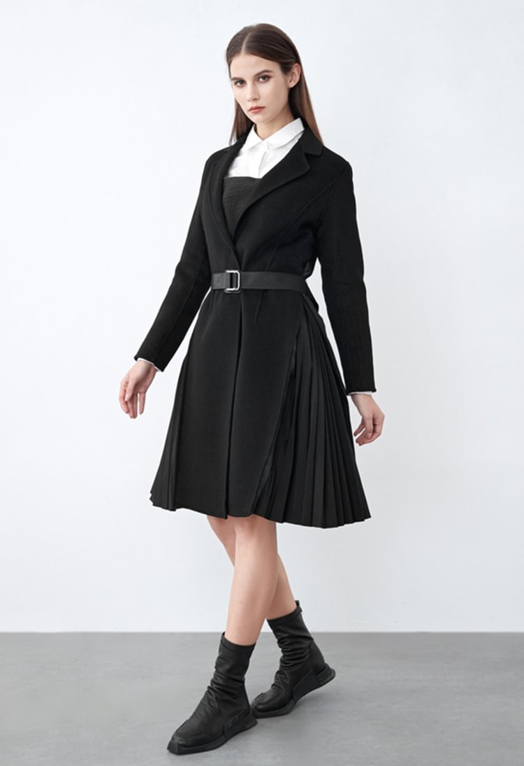 SDEER Shirred Stitching Long Black Woolen Coat