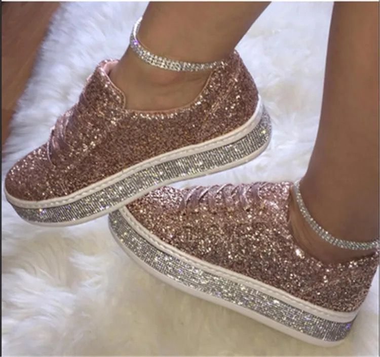 Women Trendy Shining Rhinestones Mixed Colors Lace Up Platform Sneakers - vzzhome