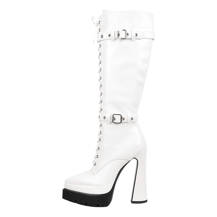 Mature Pointed Toe Platform Buckle Straps Lace Up Knee High Boots