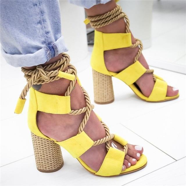 Women's High Heel Sandals Pointed Fish Mouth Hemp Lace Up Sandal Shoes-Corachic