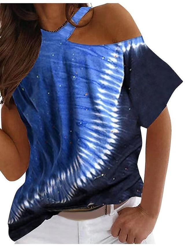 Women's T Shirt Color Block Tie Dye Print One Shoulder Tops Basic Basic Top Blue Purple Red-Corachic