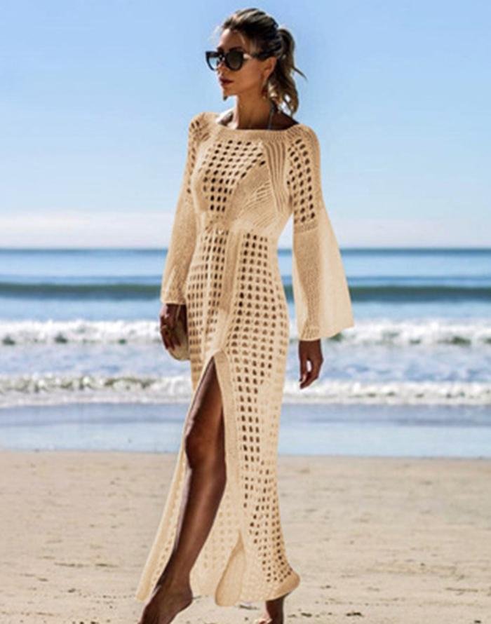 Beige Knitted long sleeve beach dress Cover Up