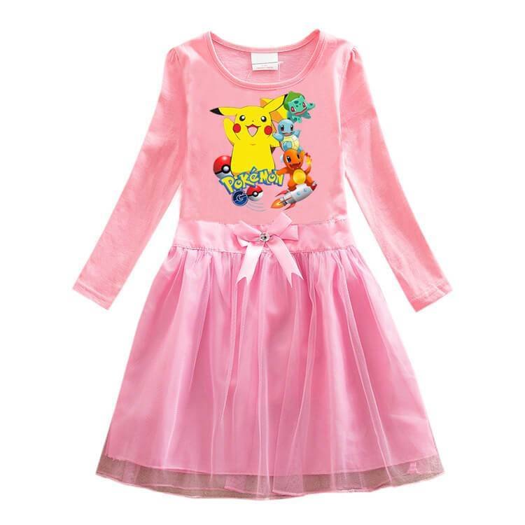 Pokemon Go Pikachu Print Girls Long Sleeve Cotton Bow Tulle Dress-Mayoulove