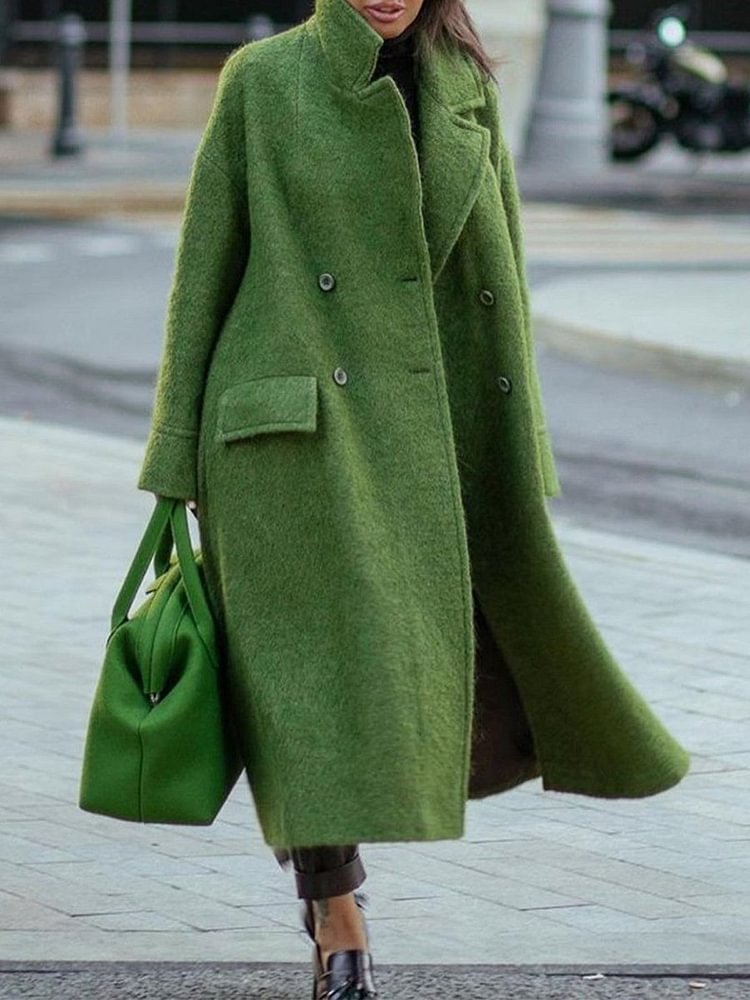 Mayoulove Pure color notched lapel green coat-Mayoulove
