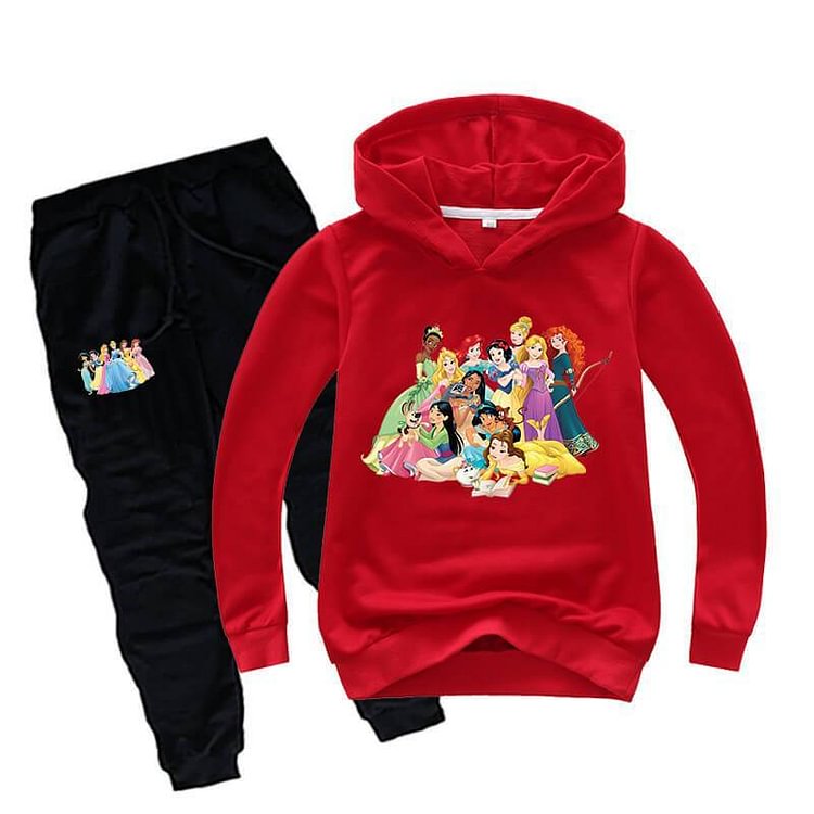 Mayoulove All The Cartoon Movie Princesses Print Girls Cotton Hoodie Sweatpants-Mayoulove