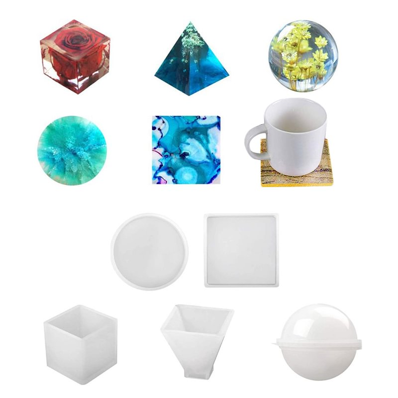 5Pcs Resin Casting Molds Including Sphere, Cube, Pyramid, Square, Round with 1 Measuring Cup & 5 Plastic Transfer Pipettes