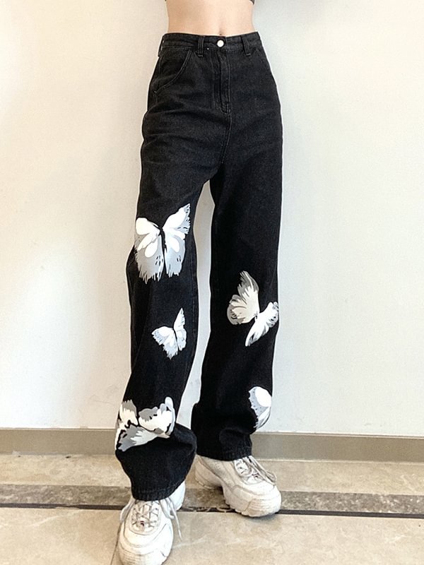 Street Fashion Butterfly Printed High Rise Straight Loose Pants