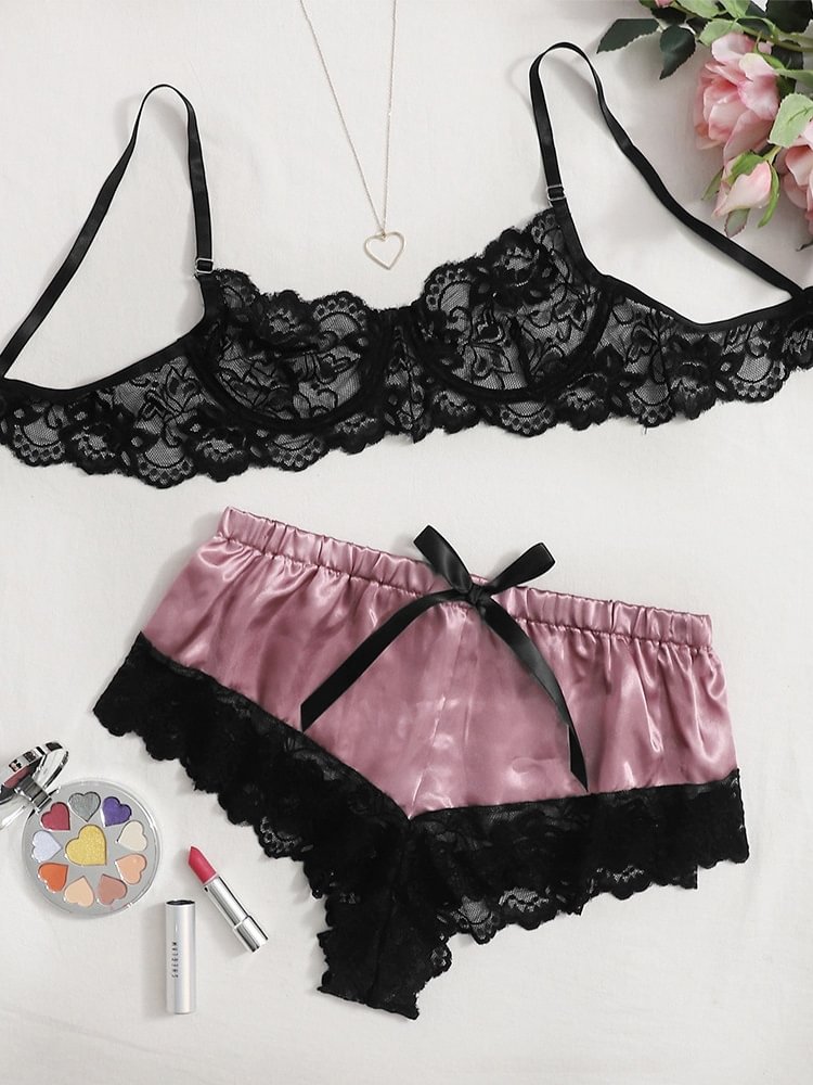 Lace Bra Satin Skirt Two-piece Underwear Set-Icossi