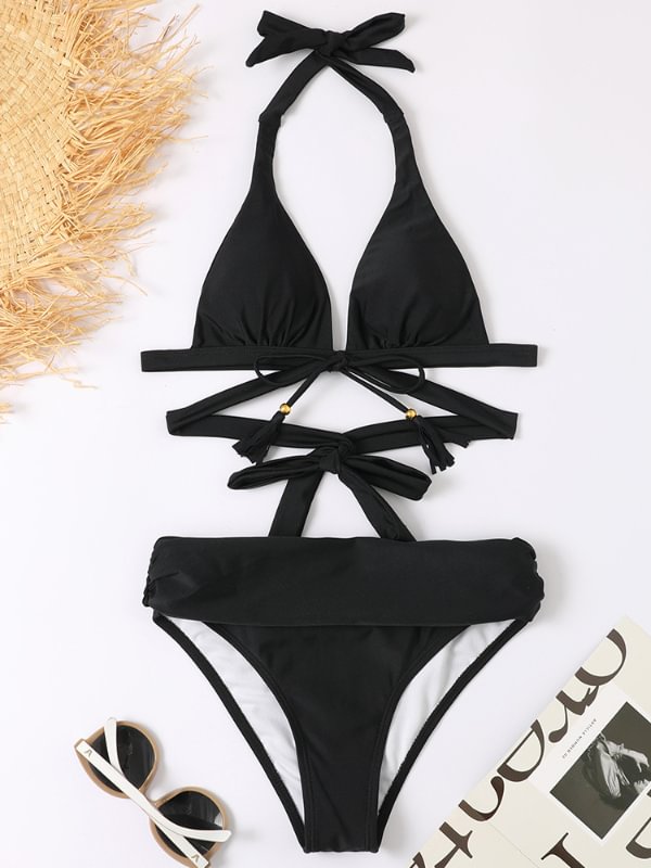 Summer Elegant Bandaged Halter Triangle Bottom Bikini Sets