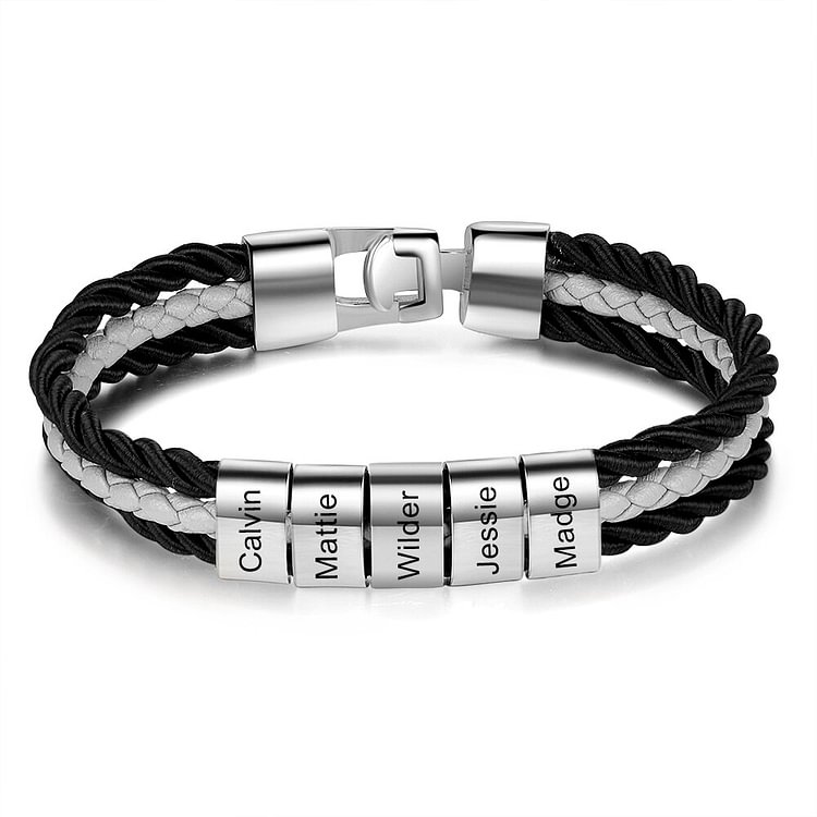 Mens Braided Layered Leather Bracelet with 5 Names Beads