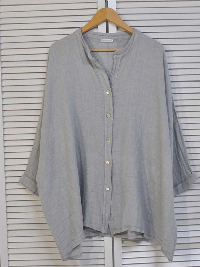 Gray Blue Buttoned Solid Long Sleeve Shirts & Tops