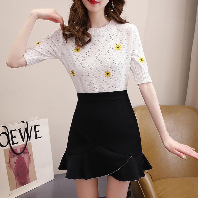 Embroidery Knit Tee+Fishtail Skirt P11422