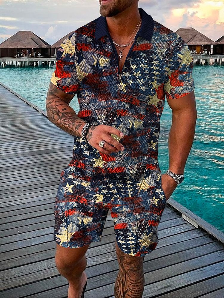 Men's Fashion Printed Independence Day Polo Suit
