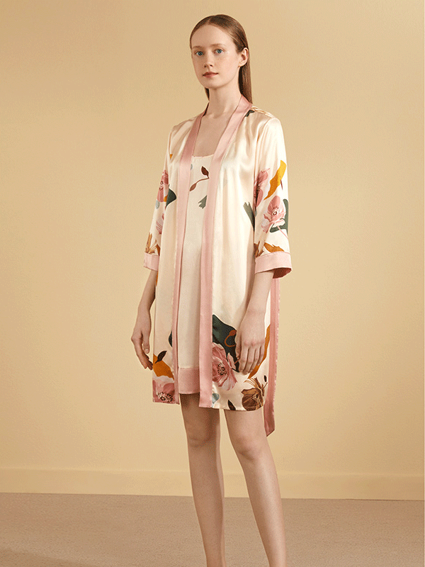 Luxurious Tropical Floral Printed Silk Robe-Real Silk Life