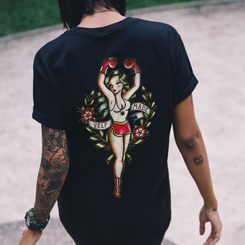 Sexy Boxing Girl Self Made Print Loose Black T-shirt - Krazyskull