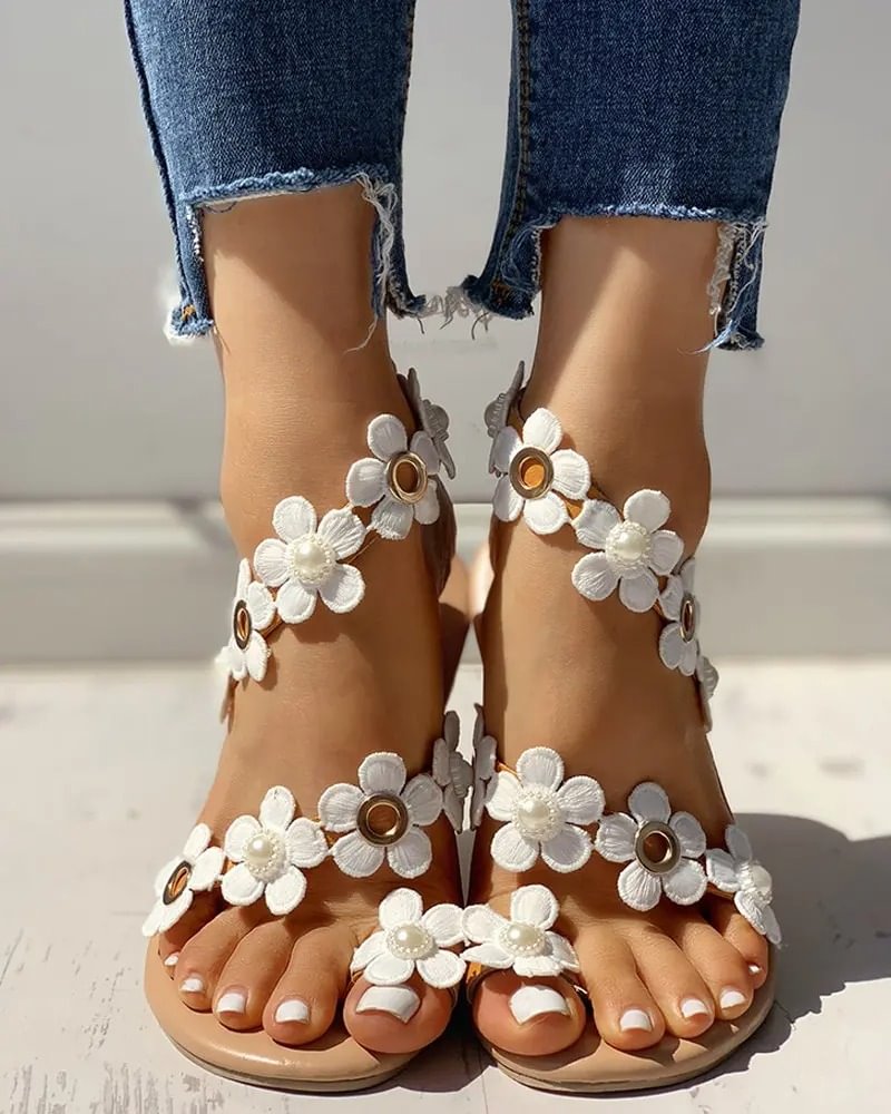 Pu Floral Flat Sandals