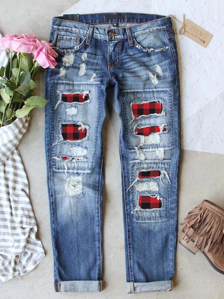 Women's Plaid/Heart/Leopard Printing Casual Ripped Denim Trousers