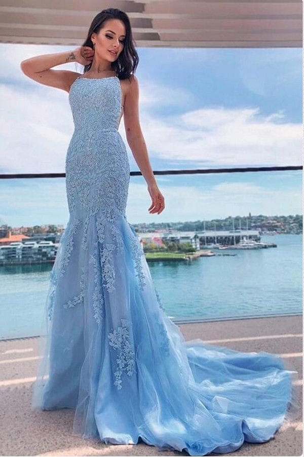 Luluslly Sky Blue Halter Mermaid Prom Dress Lace Appliques Long Party Gowns