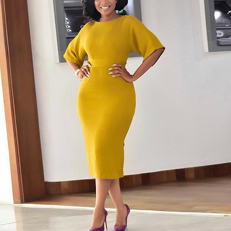 Women's Dress Yellow Bodycon Formal Dressess Fashion Midi Dress