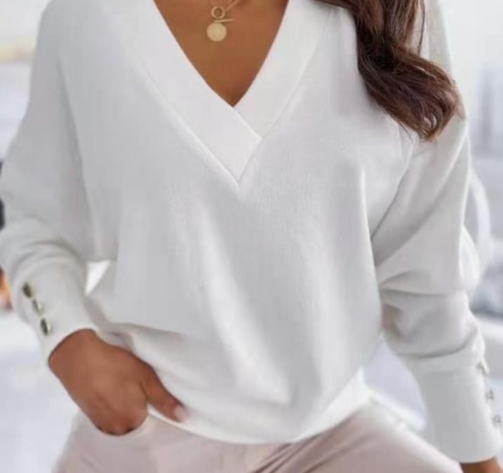 Women's solid color cuff button top V-neck sweater