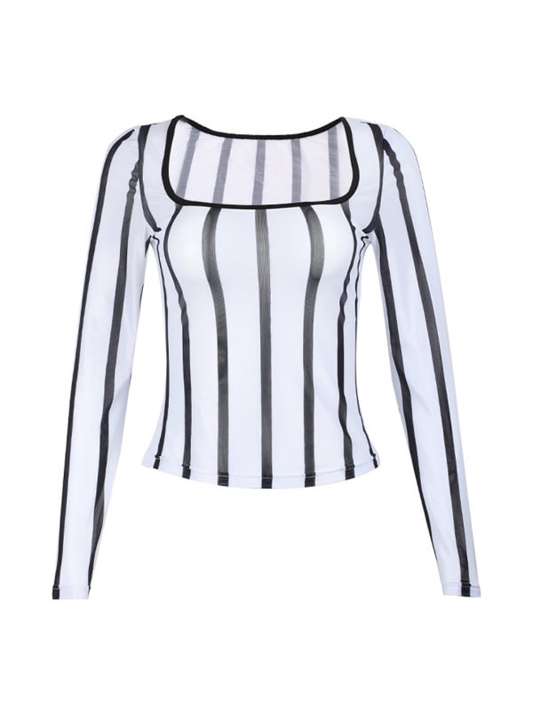 Casual Stripes Color Block See Through Square Collar Long Sleeve Top