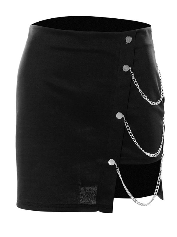 Designed Solid Color Detachable Chain Asymmetrical Bodycon Skirt
