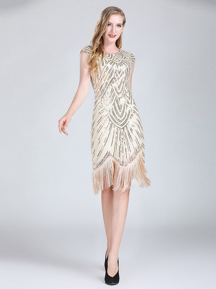 Mayoulove 1920s Banquet Dress Retro Style Sequined Fringed Dress-Mayoulove