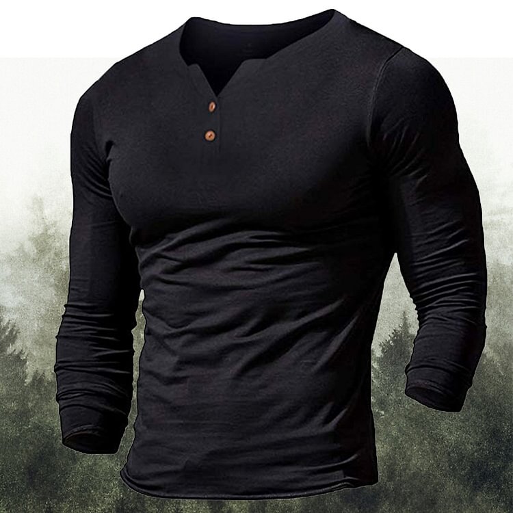 BrosWear Henley Solid Color Long  Sleeve Fitted T-Shirt