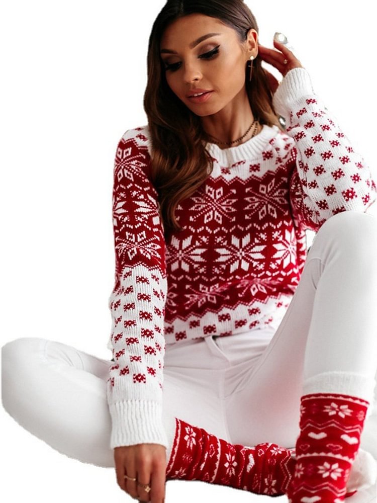 Mayoulove Christmas Sweaters Round Neck Long Sleeve Snowflake Print Knitted Sweater-Mayoulove
