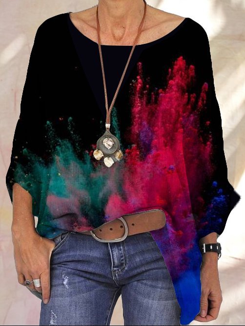 Casual and simple gradient color printing round neck three-quarter sleeve polyester cotton T-shirt