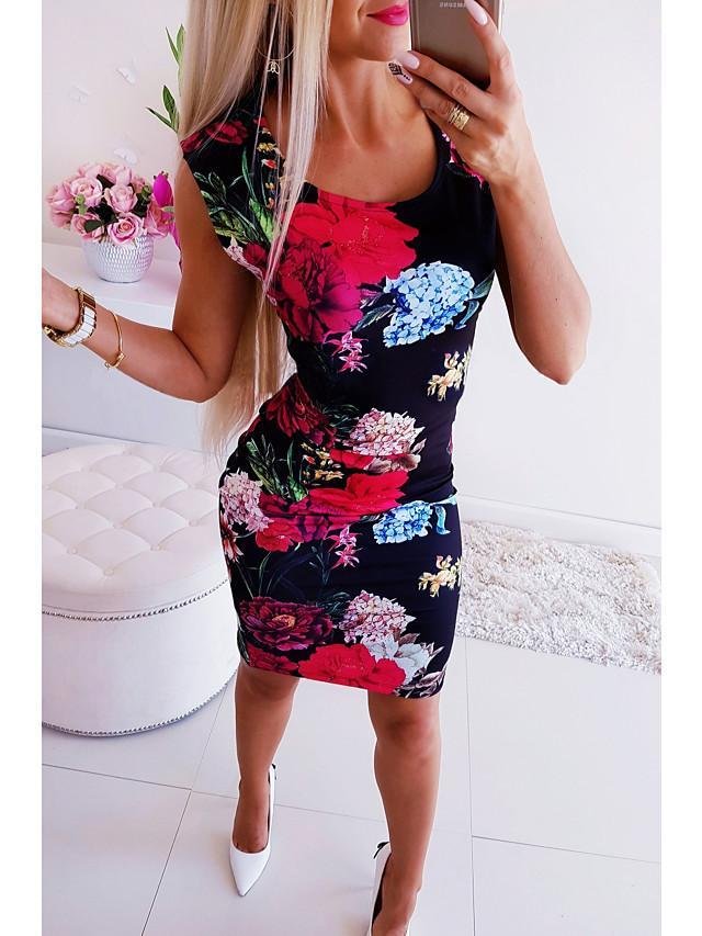 Women's Bodycon Short Mini Dress - Sleeveless Floral Print U Neck Basic Hot Rainbow S M L XL-Corachic