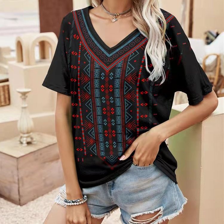 Women's Short Sleeve Top Western Ethnic Printed V-neck Short Sleeve T-shirt