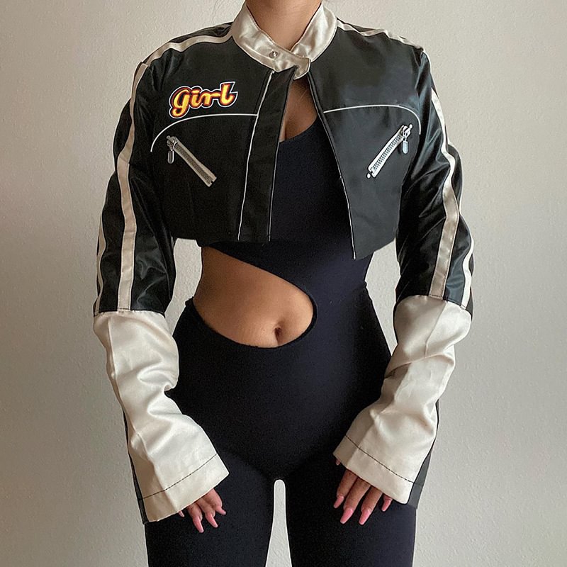 Short Color Block Motorcycle Leather Jacket / Techwear Club / Techwear