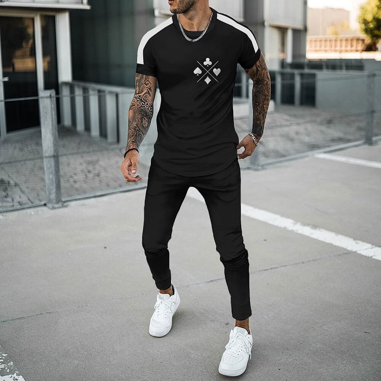 BrosWear Black Playing Cards T-Shirt And Pants Two Piece Set