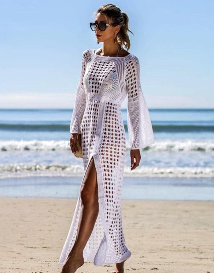 White Knitted long sleeve beach dress Cover Up