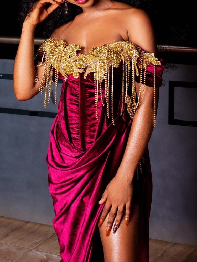 Luxurious velvet off shoulder tassel deep slit asymmetric maxi dress