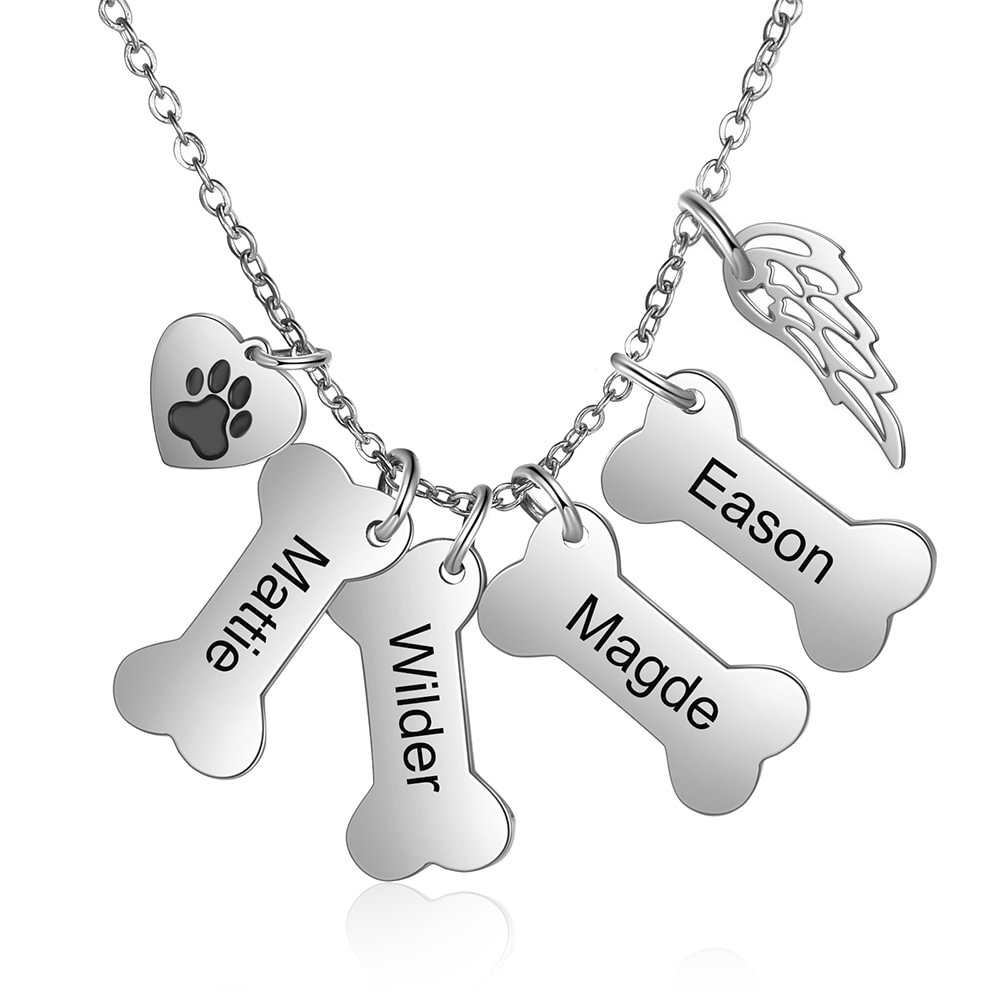Custom 4 Names Pet Dog Bone Necklace with Heart Paw Print and Wing Charms