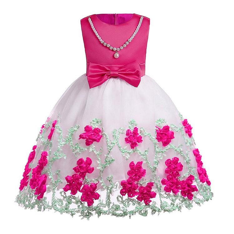 Deep Pink Girls Pearl Necklace Flower Tulle Bow Princess Gown Dress-Mayoulove