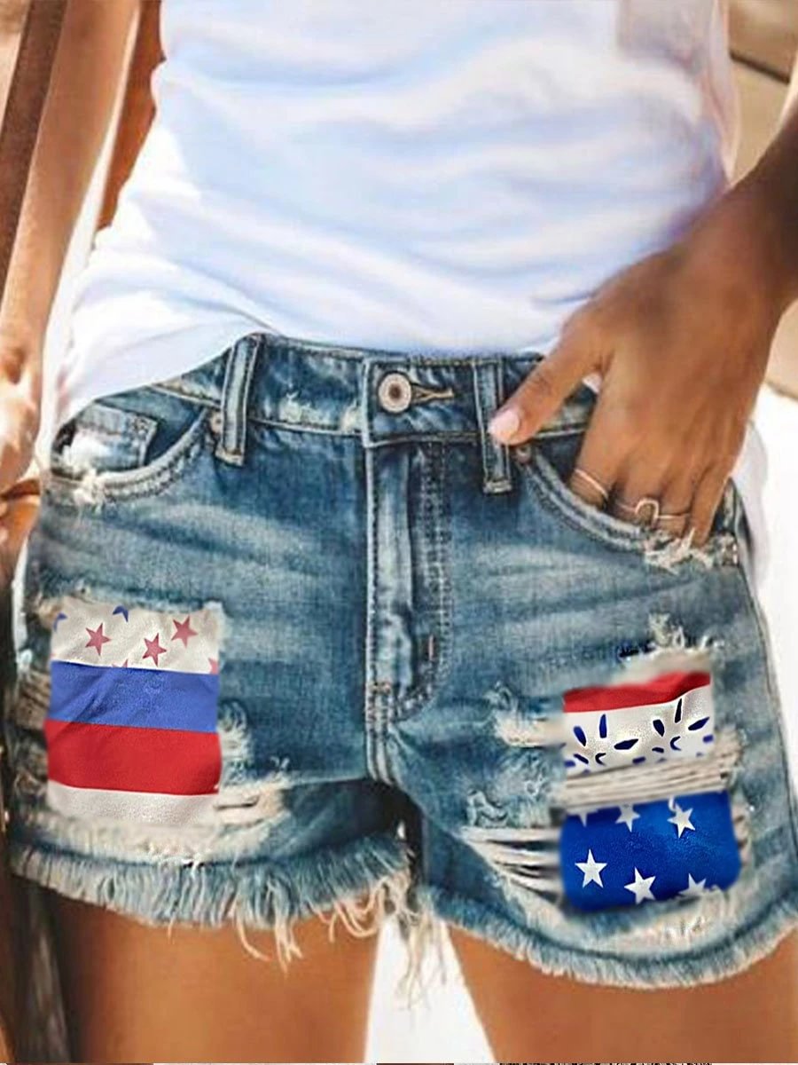 Casual Independence Day Patchwork Denim Shorts P10519