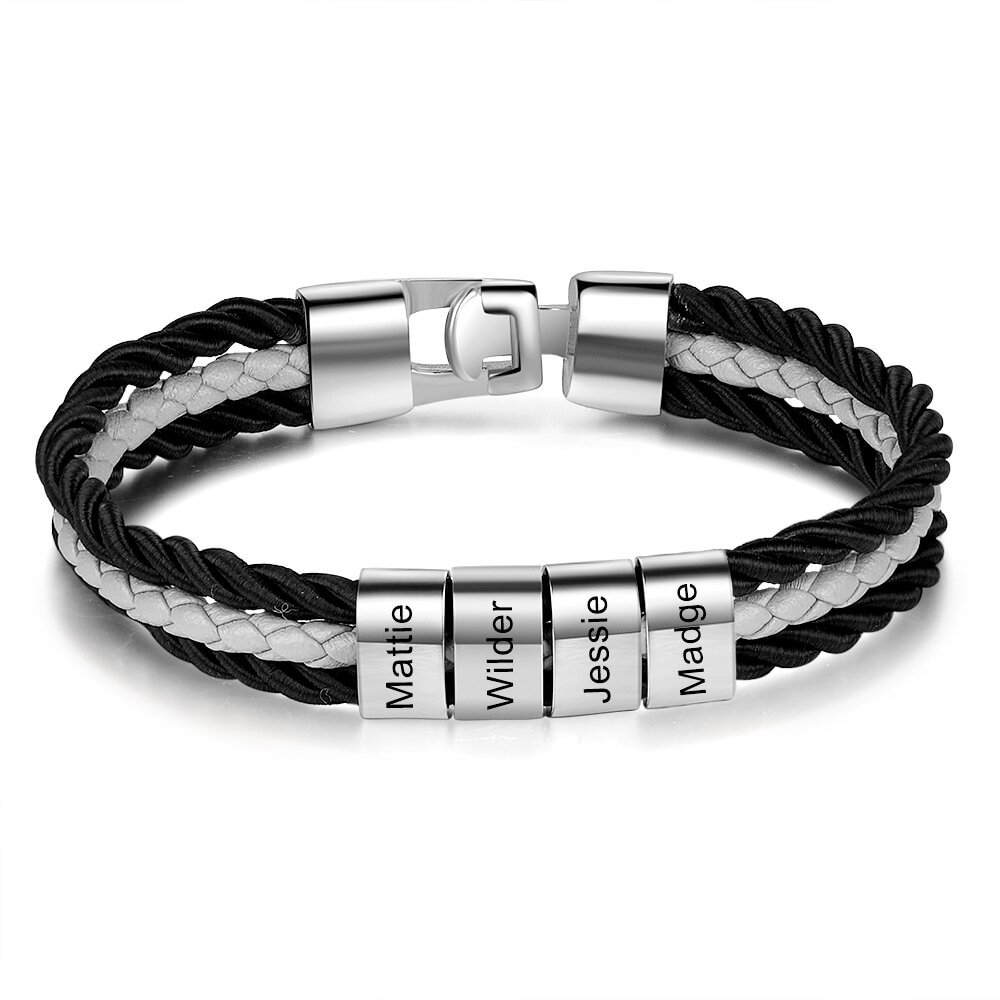 Mens Braided Layered Leather Bracelet with 4 Names Beads
