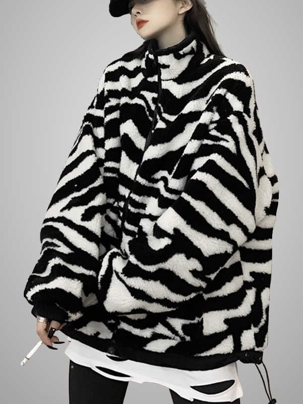 Zebra-stripe Fluffy Oversize Long Sleeve Jacket