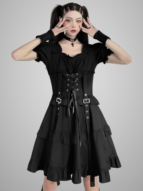 Gothic Dark Lace-up Belt Ruffled Balloon Sleeve Square Collar A-line Dress with Tight Waist