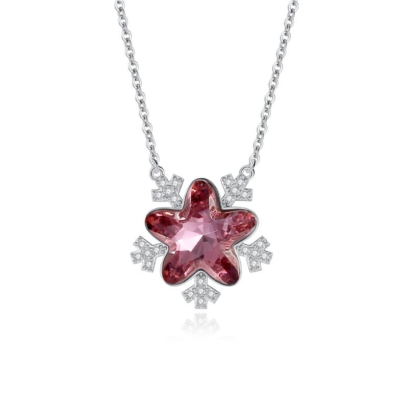 Snowflake Pendant Pink Crystal Necklace1