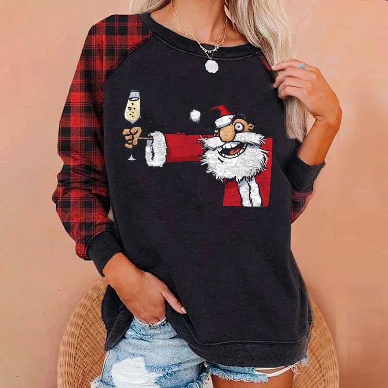 Funny Santa Claus Print Tartan Check Sleeves All-match Sweatshirt